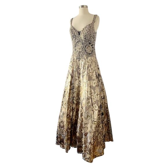 SAVOY Gold Dress Jacquard Beaded Sequins Ball Gown Strapless Princess Medium NWT - Picture 4 of 15